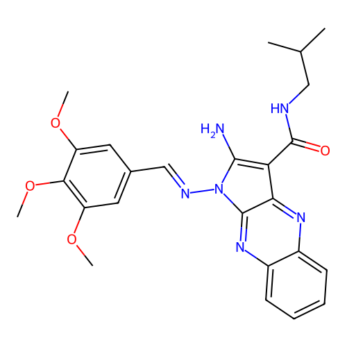 (E)-2-amino-N-isobutyl-1-((3,4,5-trimethoxybenzylidene)amino)-1H-pyrrolo[2,3-b]quinoxaline-3-carboxamide structure