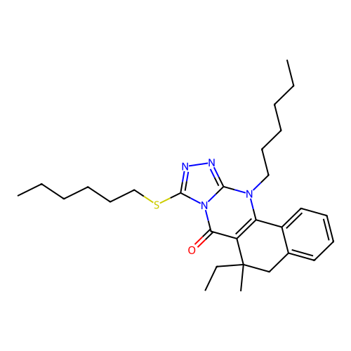 6-ethyl-12-hexyl-9-(hexylthio)-6-methyl-5,6-dihydrobenzo[h][1,2,4]triazolo[3,4-b]quinazolin-7(12H)-one structure
