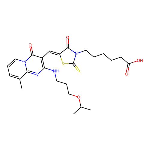 6-{(5Z)-5-[(9-methyl-4-oxo-2-{[3-(propan-2-yloxy)propyl]amino}-4H-pyrido[1,2-a]pyrimidin-3-yl)methylidene]-4-oxo-2-thioxo-1,3-thiazolidin-3-yl}hexanoic acid structure