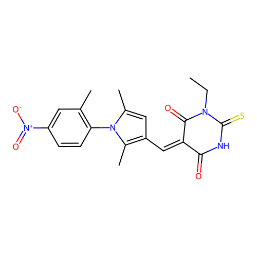 (5Z)-5-[[2,5-dimethyl-1-(2-methyl-4-nitrophenyl)pyrrol-3-yl]methylidene]-1-ethyl-2-sulfanylidene-1,3-diazinane-4,6-dione structure