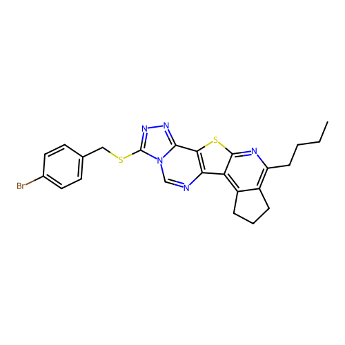 3-((4-bromobenzyl)thio)-10-butyl-8,9-dihydro-7H-cyclopenta[4',5']pyrido[3',2':4,5]thieno[2,3-e][1,2,4]triazolo[4,3-c]pyrimidine structure