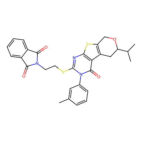 2-(2-((6-isopropyl-4-oxo-3-(m-tolyl)-4,5,6,8-tetrahydro-3H-pyrano[4',3':4,5]thieno[2,3-d]pyrimidin-2-yl)thio)ethyl)isoindoline-1,3-dione structure