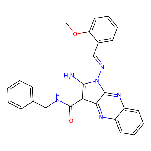 (E)-2-amino-N-benzyl-1-((2-methoxybenzylidene)amino)-1H-pyrrolo[2,3-b]quinoxaline-3-carboxamide structure