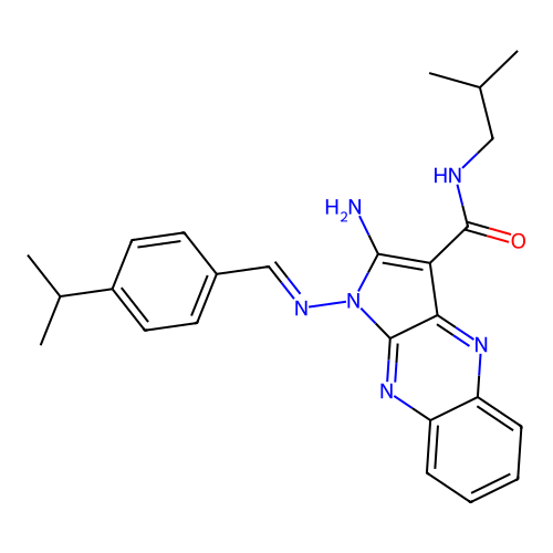 (E)-2-amino-N-isobutyl-1-((4-isopropylbenzylidene)amino)-1H-pyrrolo[2,3-b]quinoxaline-3-carboxamide structure