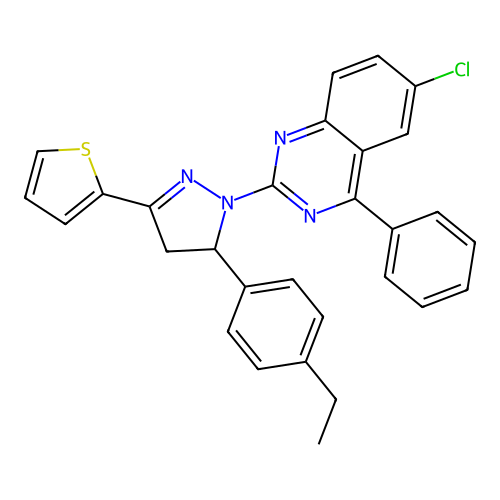 6-chloro-2-(5-(4-ethylphenyl)-3-(thiophen-2-yl)-4,5-dihydro-1H-pyrazol-1-yl)-4-phenylquinazoline structure