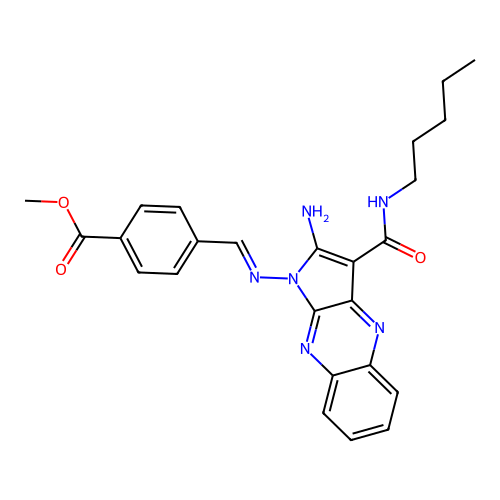 (E)-methyl 4-(((2-amino-3-(pentylcarbamoyl)-1H-pyrrolo[2,3-b]quinoxalin-1-yl)imino)methyl)benzoate structure