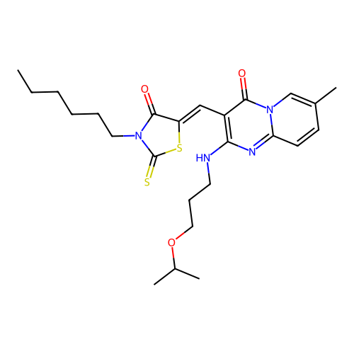 3-[(Z)-(3-hexyl-4-oxo-2-thioxo-1,3-thiazolidin-5-ylidene)methyl]-7-methyl-2-{[3-(propan-2-yloxy)propyl]amino}-4H-pyrido[1,2-a]pyrimidin-4-one structure
