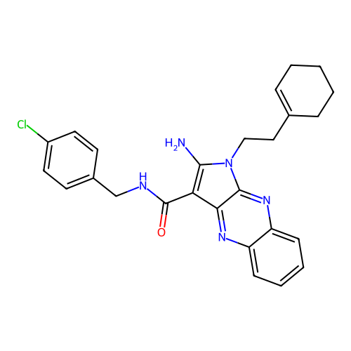 2-amino-N-(4-chlorobenzyl)-1-(2-(cyclohex-1-en-1-yl)ethyl)-1H-pyrrolo[2,3-b]quinoxaline-3-carboxamide structure