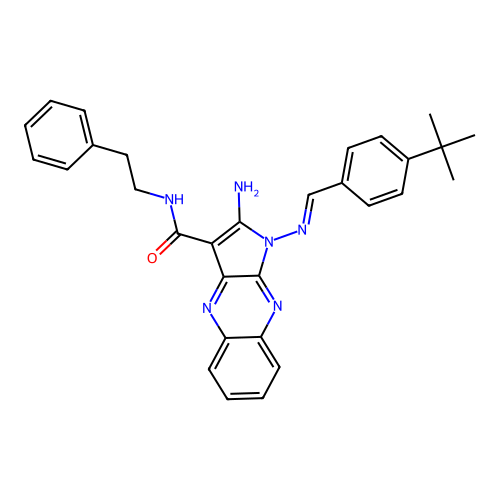 (E)-2-amino-1-((4-(tert-butyl)benzylidene)amino)-N-phenethyl-1H-pyrrolo[2,3-b]quinoxaline-3-carboxamide structure