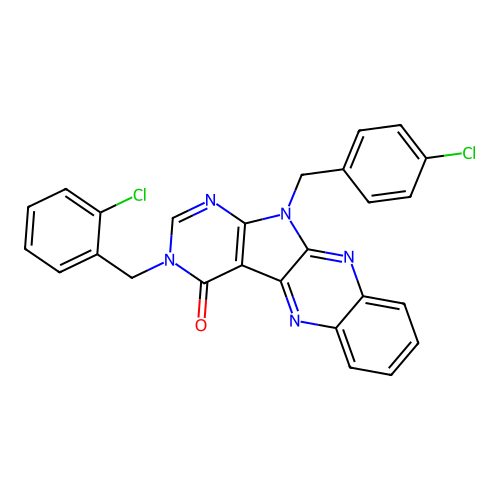 3-(2-chlorobenzyl)-11-(4-chlorobenzyl)-3H-pyrimido[5',4':4,5]pyrrolo[2,3-b]quinoxalin-4(11H)-one structure