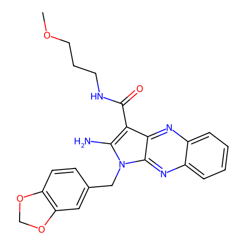 2-amino-1-(1,3-benzodioxol-5-ylmethyl)-N-(3-methoxypropyl)-1H-pyrrolo[2,3-b]quinoxaline-3-carboxamide structure