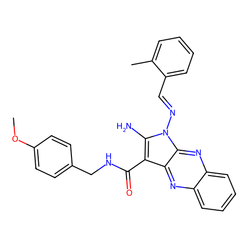 (E)-2-amino-N-(4-methoxybenzyl)-1-((2-methylbenzylidene)amino)-1H-pyrrolo[2,3-b]quinoxaline-3-carboxamide structure