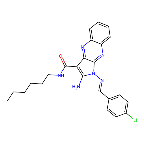 (E)-2-amino-1-((4-chlorobenzylidene)amino)-N-hexyl-1H-pyrrolo[2,3-b]quinoxaline-3-carboxamide structure