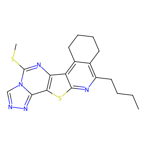 11-butyl-5-(methylsulfanyl)-7,8,9,10-tetrahydro[1,2,4]triazolo[4'',3'':1',6']pyrimido[4',5':4,5]thieno[2,3-c]isoquinoline structure