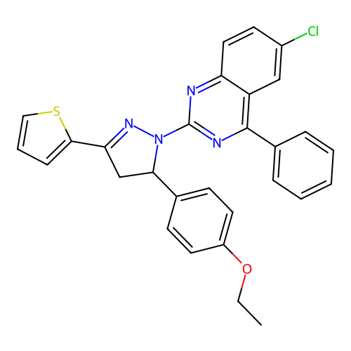 6-chloro-2-(5-(4-ethoxyphenyl)-3-(thiophen-2-yl)-4,5-dihydro-1H-pyrazol-1-yl)-4-phenylquinazoline structure