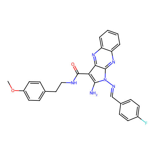 (E)-2-amino-1-((4-fluorobenzylidene)amino)-N-(4-methoxyphenethyl)-1H-pyrrolo[2,3-b]quinoxaline-3-carboxamide structure