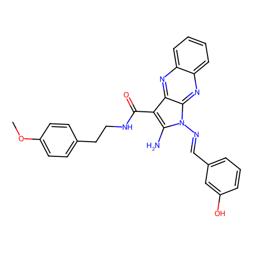(E)-2-amino-1-((3-hydroxybenzylidene)amino)-N-(4-methoxyphenethyl)-1H-pyrrolo[2,3-b]quinoxaline-3-carboxamide structure