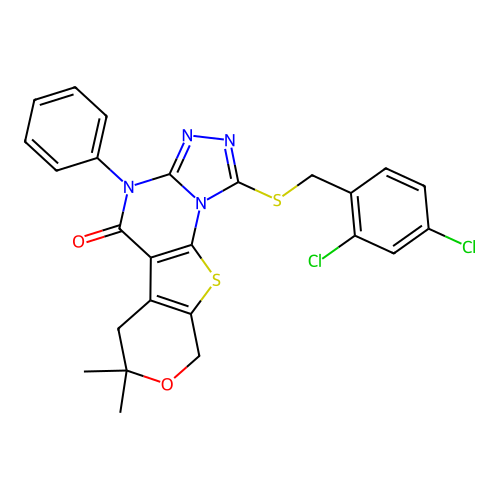 1-((2,4-dichlorobenzyl)thio)-7,7-dimethyl-4-phenyl-6,7-dihydro-4H-pyrano[4',3':4,5]thieno[3,2-e][1,2,4]triazolo[4,3-a]pyrimidin-5(9H)-one structure