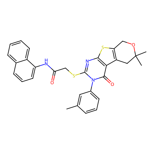 2-((6,6-dimethyl-4-oxo-3-(m-tolyl)-4,5,6,8-tetrahydro-3H-pyrano[4',3':4,5]thieno[2,3-d]pyrimidin-2-yl)thio)-N-(naphthalen-1-yl)acetamide structure