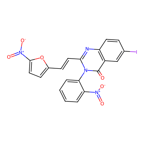 (E)-6-iodo-2-(2-(5-nitrofuran-2-yl)vinyl)-3-(2-nitrophenyl)quinazolin-4(3H)-one structure