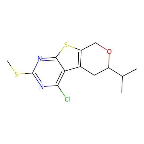 4-chloro-2-(methylsulfanyl)-6-(propan-2-yl)-5,8-dihydro-6H-pyrano[4',3':4,5]thieno[2,3-d]pyrimidine structure