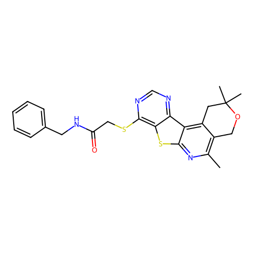 N-benzyl-2-((2,2,5-trimethyl-2,4-dihydro-1H-pyrano[4'',3'':4',5']pyrido[3',2':4,5]thieno[3,2-d]pyrimidin-8-yl)thio)acetamide structure