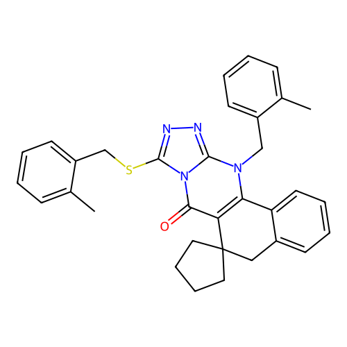 12-(2-methylbenzyl)-9-((2-methylbenzyl)thio)-5H-spiro[benzo[h][1,2,4]triazolo[3,4-b]quinazoline-6,1'-cyclopentan]-7(12H)-one structure
