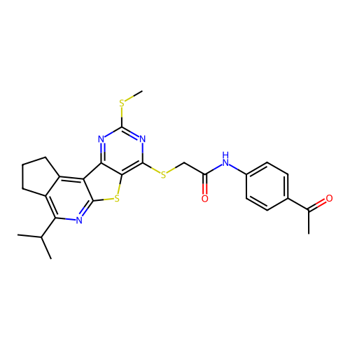 N-(4-acetylphenyl)-2-((4-isopropyl-9-(methylthio)-2,3-dihydro-1H-cyclopenta[4',5']pyrido[3',2':4,5]thieno[3,2-d]pyrimidin-7-yl)thio)acetamide structure
