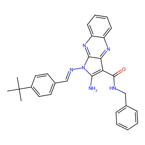 (E)-2-amino-N-benzyl-1-((4-(tert-butyl)benzylidene)amino)-1H-pyrrolo[2,3-b]quinoxaline-3-carboxamide structure
