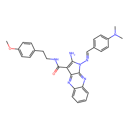 (E)-2-amino-1-((4-(dimethylamino)benzylidene)amino)-N-(4-methoxyphenethyl)-1H-pyrrolo[2,3-b]quinoxaline-3-carboxamide structure