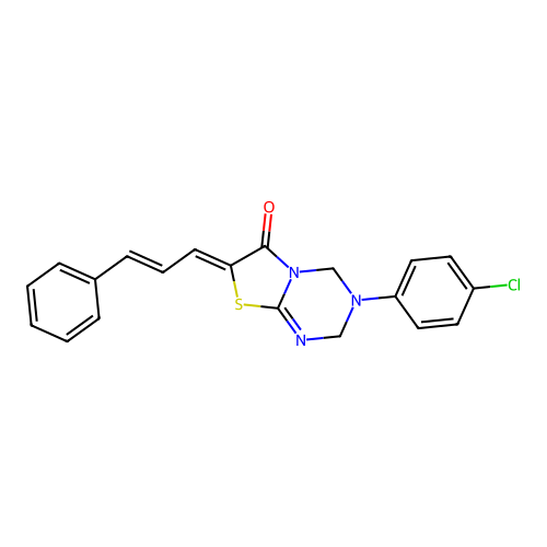 (7Z)-3-(4-chlorophenyl)-7-[(2E)-3-phenylprop-2-en-1-ylidene]-3,4-dihydro-2H-[1,3]thiazolo[3,2-a][1,3,5]triazin-6(7H)-one structure