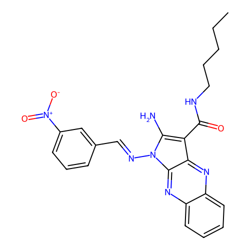(E)-2-amino-1-((3-nitrobenzylidene)amino)-N-pentyl-1H-pyrrolo[2,3-b]quinoxaline-3-carboxamide structure