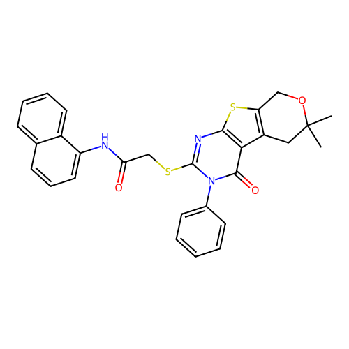 2-((6,6-dimethyl-4-oxo-3-phenyl-4,5,6,8-tetrahydro-3H-pyrano[4',3':4,5]thieno[2,3-d]pyrimidin-2-yl)thio)-N-(naphthalen-1-yl)acetamide structure
