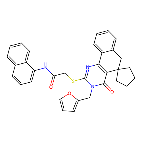 2-((3-(furan-2-ylmethyl)-4-oxo-4,6-dihydro-3H-spiro[benzo[h]quinazoline-5,1'-cyclopentan]-2-yl)thio)-N-(naphthalen-1-yl)acetamide structure