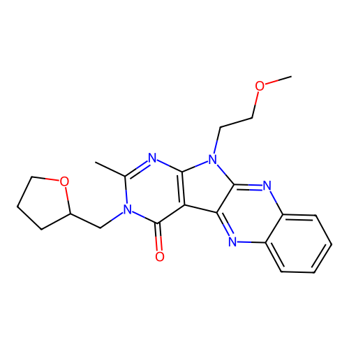 11-(2-methoxyethyl)-2-methyl-3-((tetrahydrofuran-2-yl)methyl)-3H-pyrimido[5',4':4,5]pyrrolo[2,3-b]quinoxalin-4(11H)-one structure