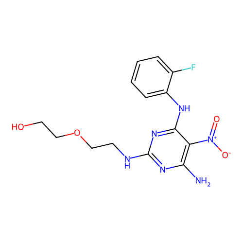 2-(2-((4-amino-6-((2-fluorophenyl)amino)-5-nitropyrimidin-2-yl)amino)ethoxy)ethanol structure