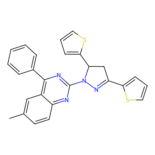 2-(3,5-di(thiophen-2-yl)-4,5-dihydro-1H-pyrazol-1-yl)-6-methyl-4-phenylquinazoline structure