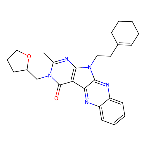 11-(2-(cyclohex-1-en-1-yl)ethyl)-2-methyl-3-((tetrahydrofuran-2-yl)methyl)-3H-pyrimido[5',4':4,5]pyrrolo[2,3-b]quinoxalin-4(11H)-one structure