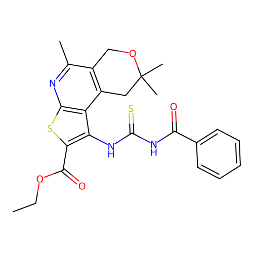 ethyl 1-(3-benzoylthioureido)-5,8,8-trimethyl-8,9-dihydro-6H-pyrano[4,3-d]thieno[2,3-b]pyridine-2-carboxylate structure