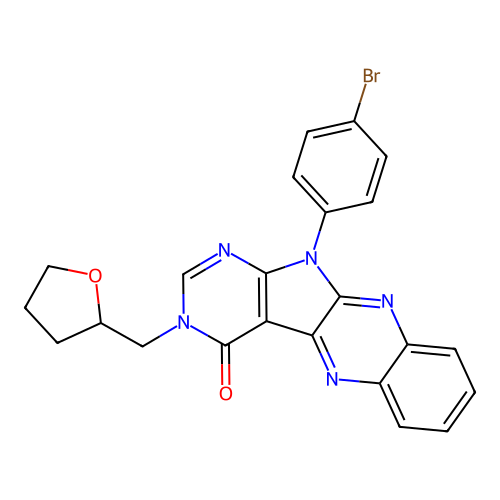 11-(4-bromophenyl)-3-((tetrahydrofuran-2-yl)methyl)-3H-pyrimido[5',4':4,5]pyrrolo[2,3-b]quinoxalin-4(11H)-one structure