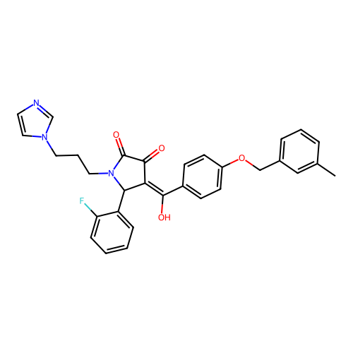 (4E)-5-(2-fluorophenyl)-4-(hydroxy{4-[(3-methylbenzyl)oxy]phenyl}methylidene)-1-[3-(1H-imidazol-1-yl)propyl]pyrrolidine-2,3-dione structure
