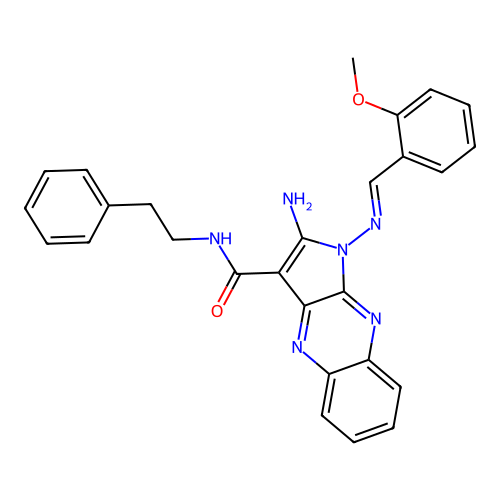 (E)-2-amino-1-((2-methoxybenzylidene)amino)-N-phenethyl-1H-pyrrolo[2,3-b]quinoxaline-3-carboxamide structure