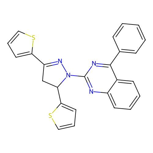 2-(3,5-di(thiophen-2-yl)-4,5-dihydro-1H-pyrazol-1-yl)-4-phenylquinazoline structure