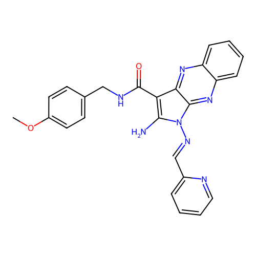 (E)-2-amino-N-(4-methoxybenzyl)-1-((pyridin-2-ylmethylene)amino)-1H-pyrrolo[2,3-b]quinoxaline-3-carboxamide structure