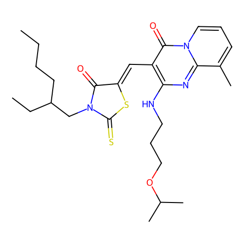 3-{(Z)-[3-(2-ethylhexyl)-4-oxo-2-thioxo-1,3-thiazolidin-5-ylidene]methyl}-9-methyl-2-{[3-(propan-2-yloxy)propyl]amino}-4H-pyrido[1,2-a]pyrimidin-4-one structure