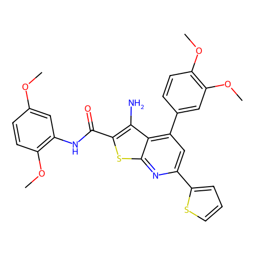 3-amino-N-(2,5-dimethoxyphenyl)-4-(3,4-dimethoxyphenyl)-6-(thiophen-2-yl)thieno[2,3-b]pyridine-2-carboxamide structure