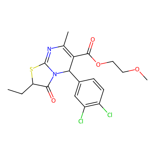 2-methoxyethyl 5-(3,4-dichlorophenyl)-2-ethyl-7-methyl-3-oxo-2,3-dihydro-5H-[1,3]thiazolo[3,2-a]pyrimidine-6-carboxylate structure