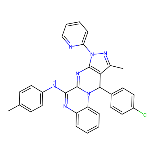 11-(4-chlorophenyl)-10-methyl-8-(pyridin-2-yl)-N-(p-tolyl)-8,11-dihydropyrazolo[3',4':4,5]pyrimido[1,2-a]quinoxalin-6-amine structure