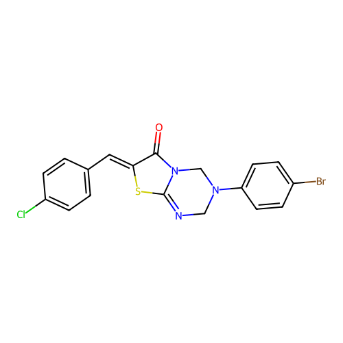 (7Z)-3-(4-bromophenyl)-7-(4-chlorobenzylidene)-3,4-dihydro-2H-[1,3]thiazolo[3,2-a][1,3,5]triazin-6(7H)-one structure