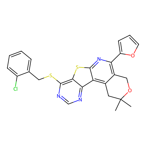 8-((2-chlorobenzyl)thio)-5-(furan-2-yl)-2,2-dimethyl-2,4-dihydro-1H-pyrano[4'',3'':4',5']pyrido[3',2':4,5]thieno[3,2-d]pyrimidine structure